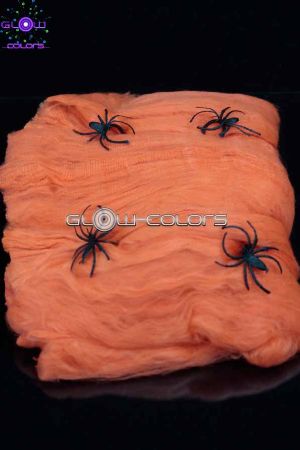 Toile d'araignée fluorescente UV Orange 100g + araignées: 3 noires 3 blanches