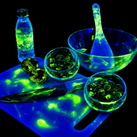 Preuves de contamination croisée en cuisine révélées par le gel simulateur UV vert 100ml