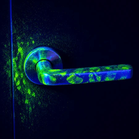 Poignée de porte révélant une contamination invisible UV sous lampe lumière noire