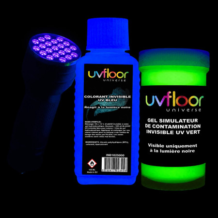 Simulateur de contamination lampe torche UV additif invisible gel hydroalcoolique