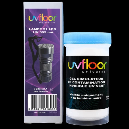 Kit UV Floor Universe avec gel simulateur de contamination invisible UV vert et lampe UV 21 LED – Formation à l’hygiène