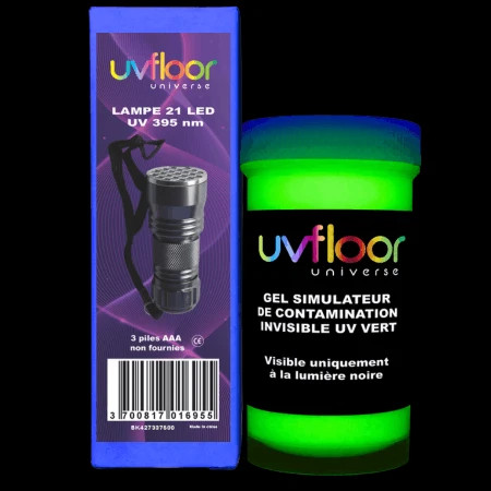 Kit hygiène des mains UV Floor avec gel simulateur de contamination invisible UV vert et lampe UV 21 LED