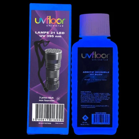 Kit formation hygiène des mains UV Floor Universe sous lumière noire avec lampe UV 21 LED et colorant invisible UV bleu