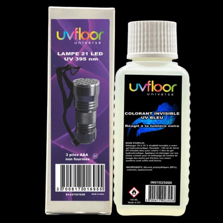 Kit formation hygiène des mains UV Floor Universe comprenant une lampe UV 21 LED et un colorant invisible UV bleu